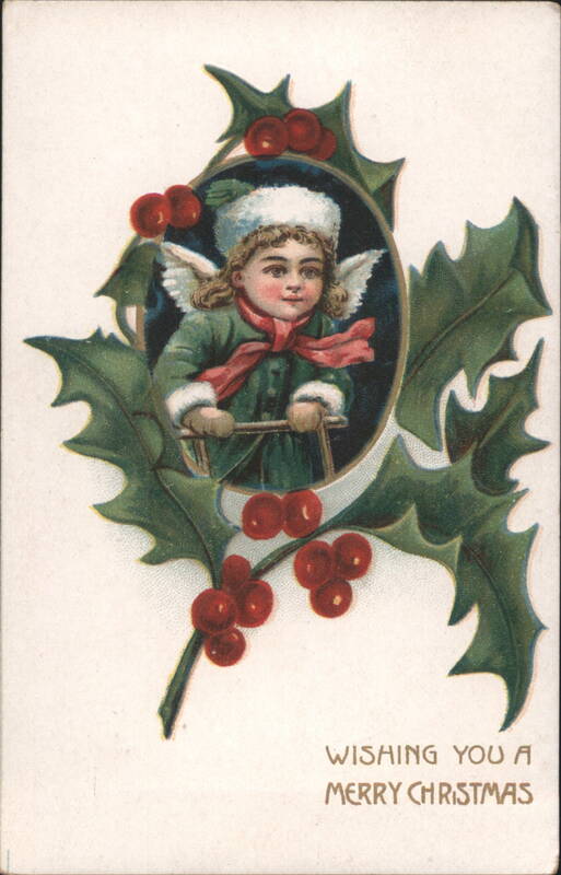 Angel Child on Sled Framed by Holly and Berries Angels