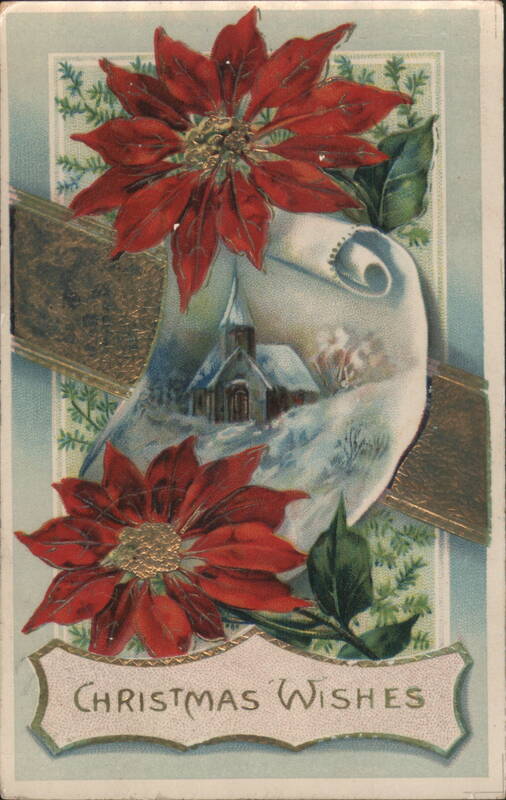 Christmas Wishes Poinsettias and Snowy Church Scroll
