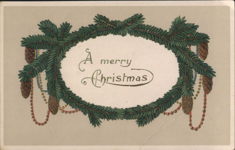 A Merry Christmas Evergreen Wreath and Pine Cones