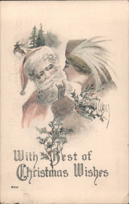 Santa Claus and Woman in Feathered Hat Christmas Wishes