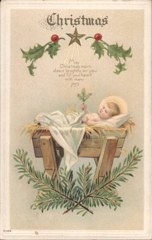 Baby Jesus in Manger with Holly and Golden Star Religious