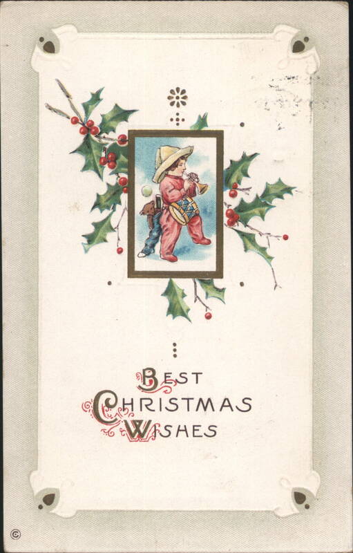 Child Playing Drum and Horn with Holly Christmas Wishes