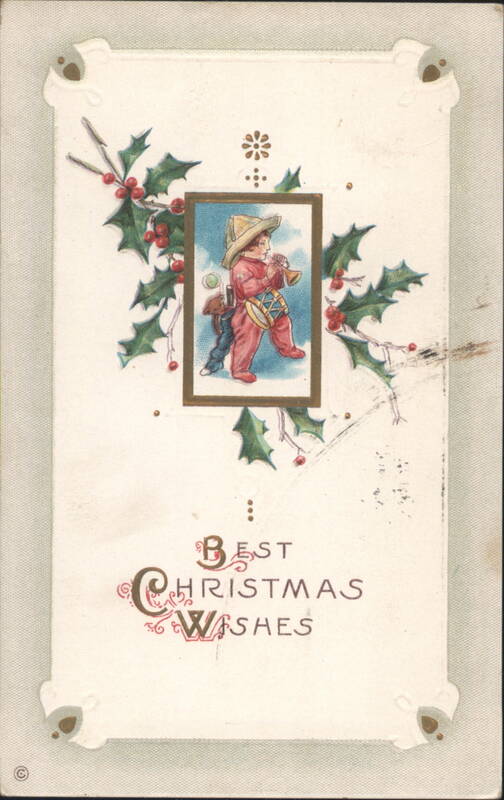 Child Playing Drum and Horn with Holly Christmas Wishes