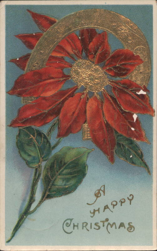 Red Poinsettia with Gold Horseshoe Christmas Greeting