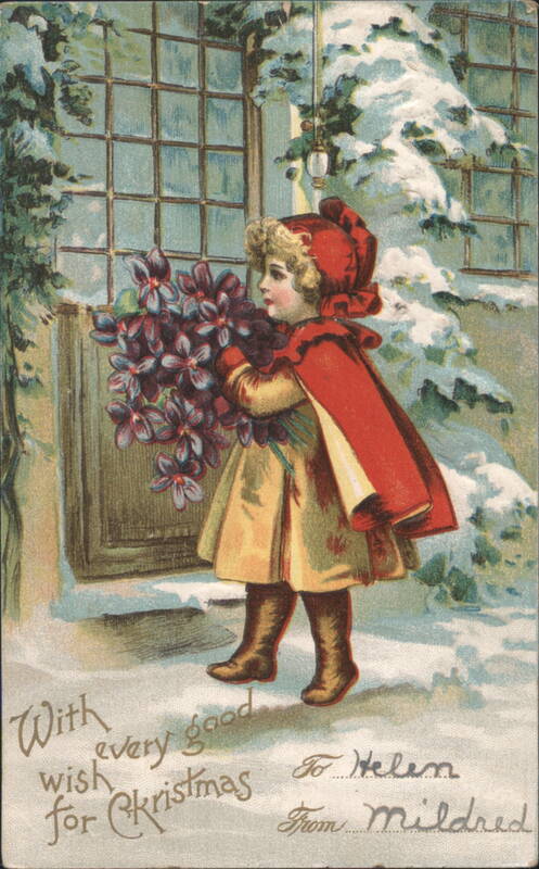 Girl in Red Cape Carrying Purple Flowers in Snow Children