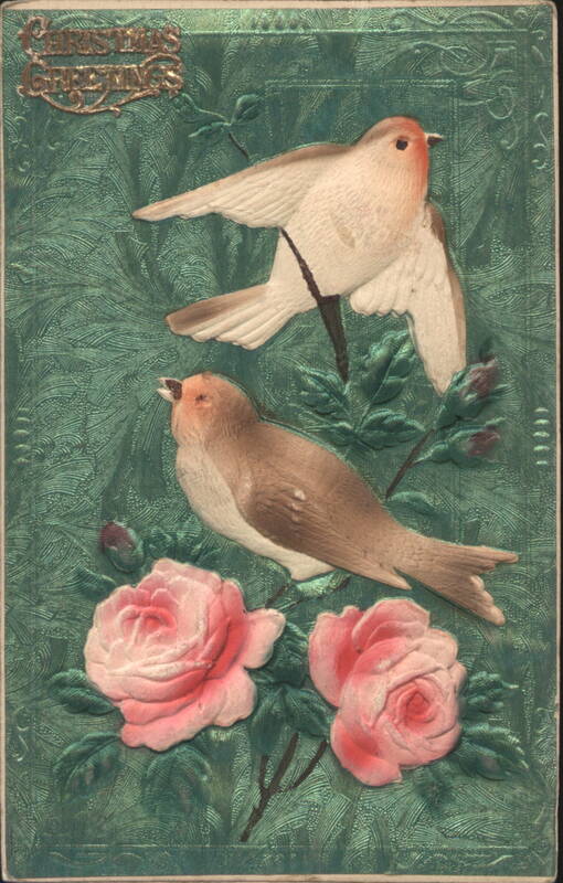 Christmas Greetings with Birds and Pink Roses