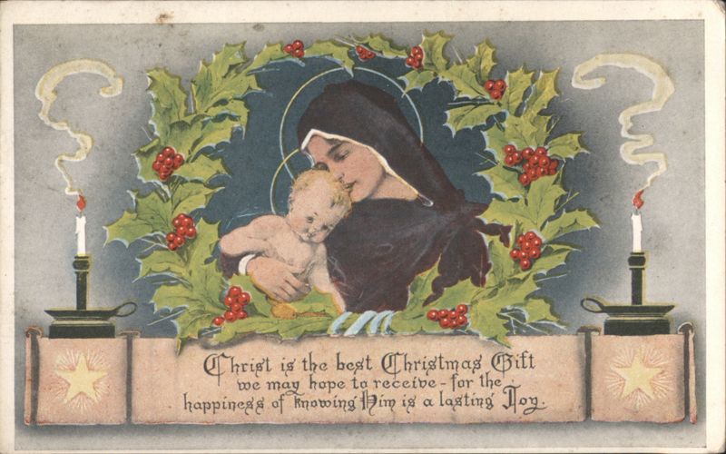 Madonna and Child Christmas Greeting with Holly Wreath