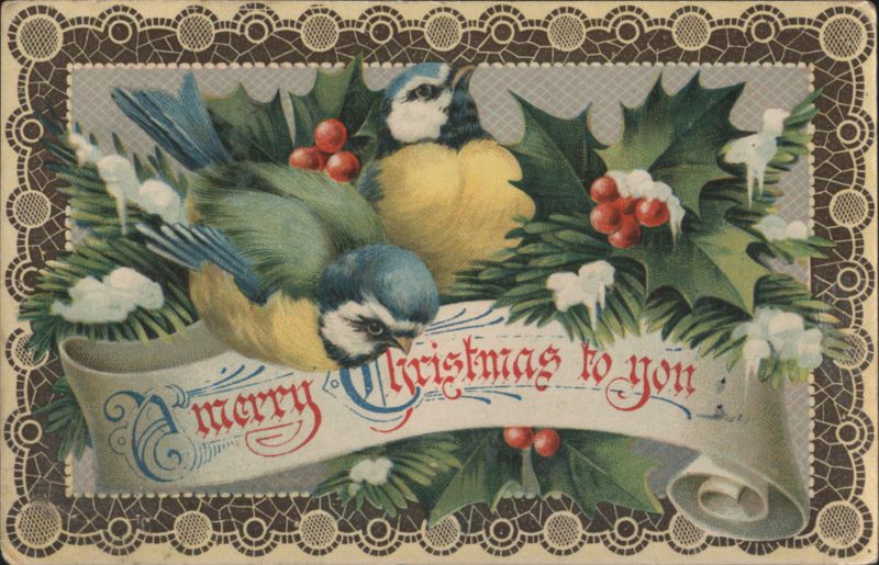Blue Tits on Holly and Pine Merry Christmas Scroll