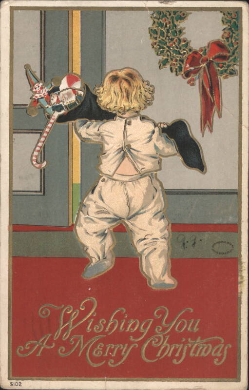 Child in Pajamas Carrying Large Christmas Stocking