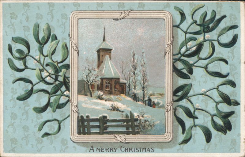 A Merry Christmas Church in Snow Scene with Mistletoe