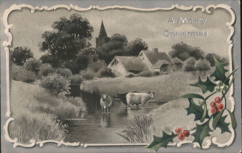 A Merry Christmas Greeting with Cows in Stream and Village