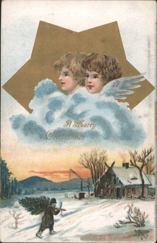 A Merry Christmas Angels and Winter Cottage Scene