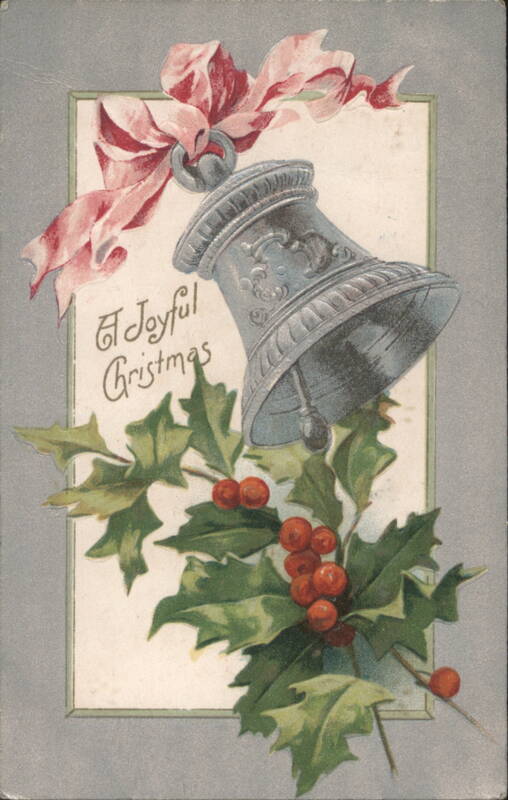 A Joyful Christmas Silver Bell with Pink Ribbon and Holly