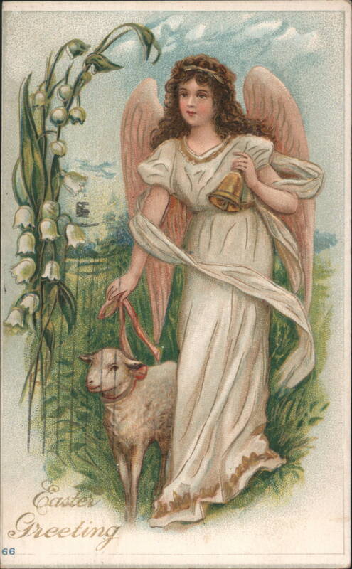 Easter Greeting Angel with Bell and Lamb With Angels