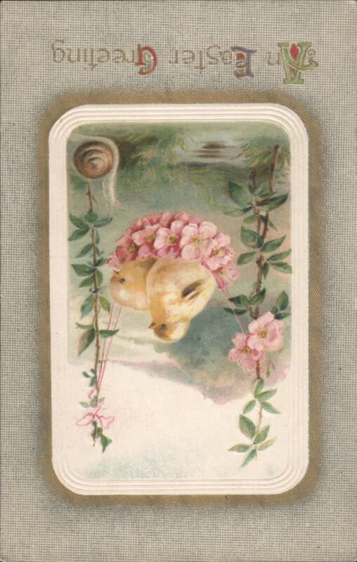 Two Yellow Chicks and Pink Flowers Easter Greeting