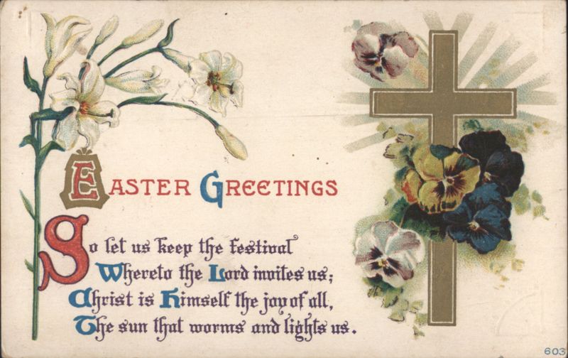 Easter Greetings with Gold Cross, Lilies and Pansies