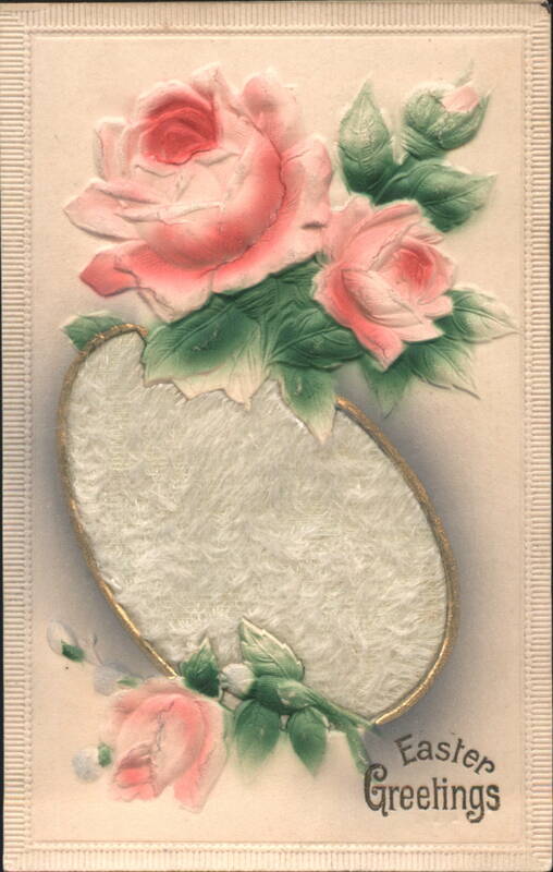 Easter Greetings Pink Roses with Fuzzy Silk Applique Egg