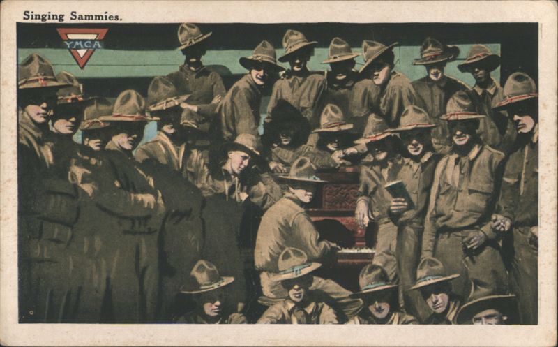 Singing Sammies WWI Soldiers Around Piano with YMCA Logo