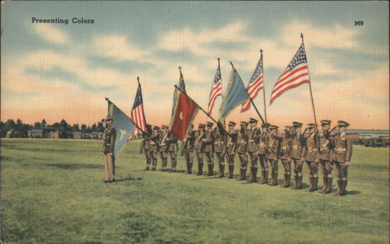 Presenting Colors Military Ceremony with American Flags