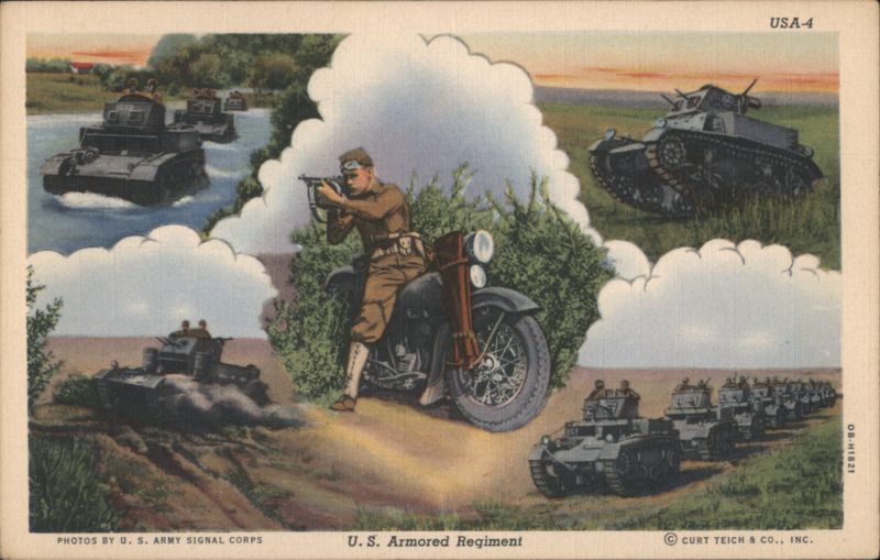 U.S. Armored Regiment Tanks and Motorcycle Soldier