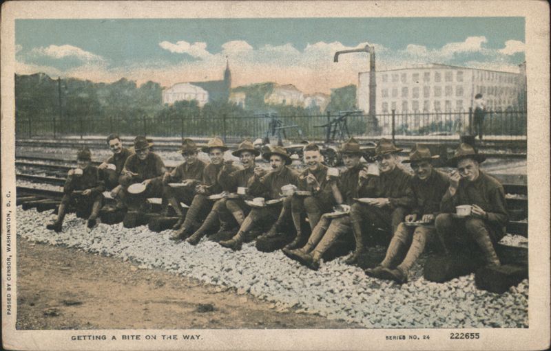 WWI Soldiers Eating on Railroad Tracks - Getting a Bite Washington District of Columbia