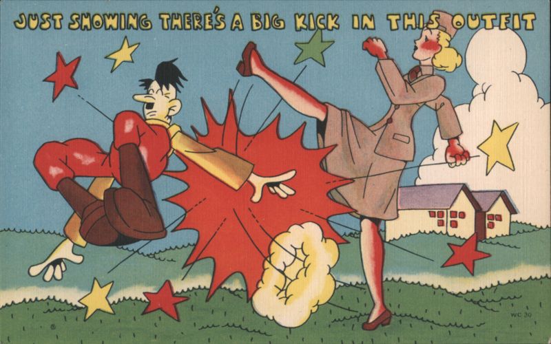 Woman in Uniform Kicking Hitler Caricature World War II