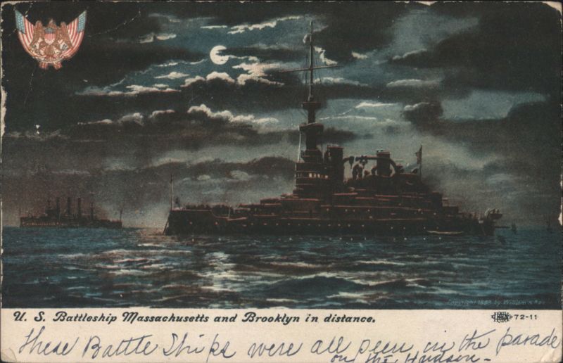 U.S. Battleship Massachusetts and Brooklyn at Night New York