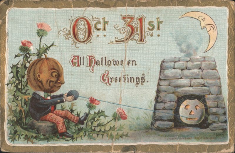 Oct 31st All Halloween Greetings Pumpkin Head Man & Yarn