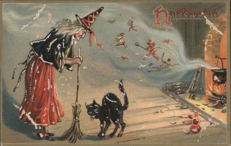 Witch with Broom and Black Cat by Fireplace Halloween