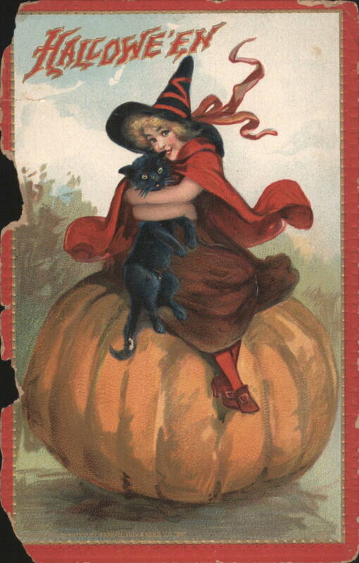 Witch Girl Hugging Black Cat on Large Pumpkin Halloween