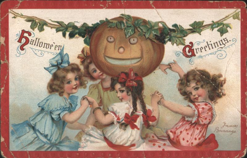 Hallowe'en Greetings Girls Dancing Around Jack-o'-Lantern