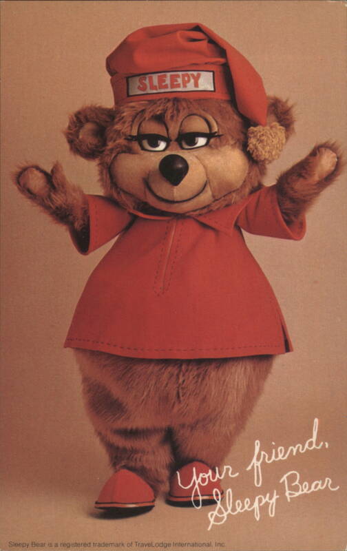 Sleepy Bear Travelodge Mascot in Red Nightcap Advertising