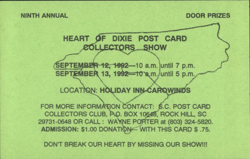 9th Annual Heart of Dixie Post Card Collectors Show 1992 Fort Mill South Carolina