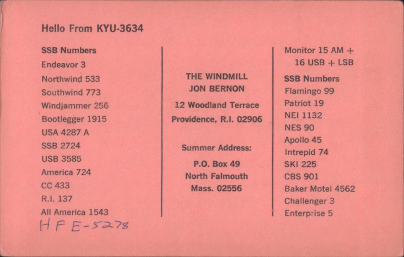 KYU-3634 QSL Card, Jon Bernon, The Windmill Providence Rhode Island