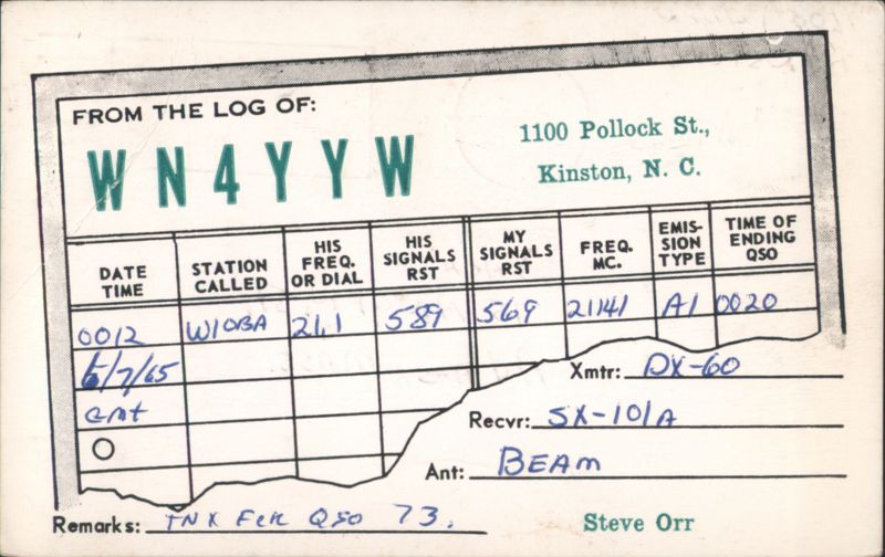 WN4YYW Ham Radio QSL Card, DX-60 Transmitter Kinston North Carolina