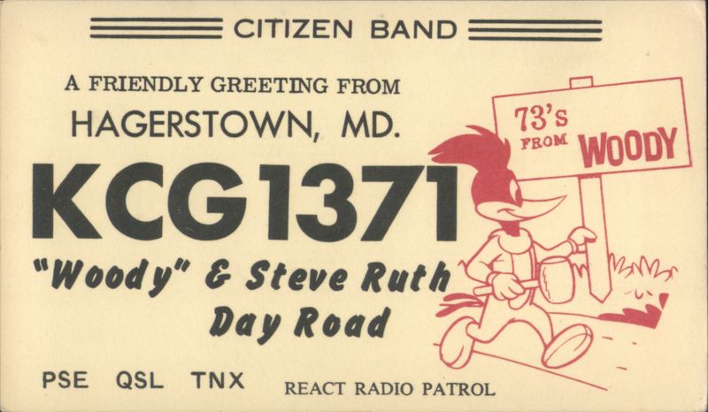 KCG 1371 CB QSL Card, Woody & Steve Ruth, Hagerstown Maryland