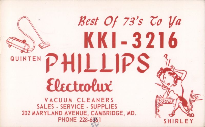 Quinten Phillips Electrolux Vacuum Cleaners QSL Card Cambridge Maryland