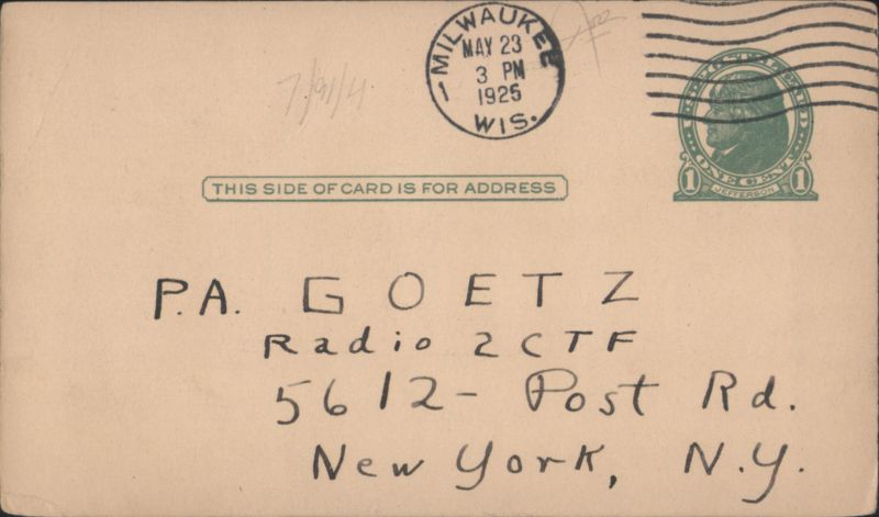 1925 QSL Card Radio 9CGK Milwaukee to 2CTF New York