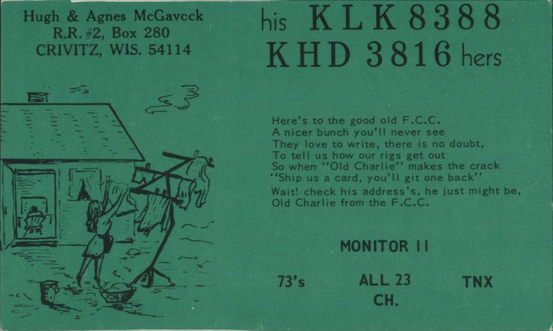 Hugh & Agnes McGavock QSL Card, KLK 8388 & KHD 3816 Crivitz Wisconsin