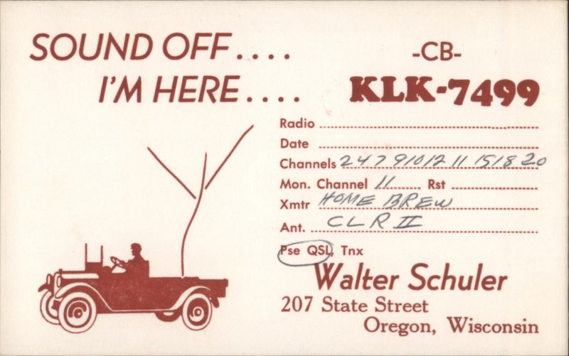 Walter Schuler CB QSL Card KLK-7499 Oregon, WI Wisconsin