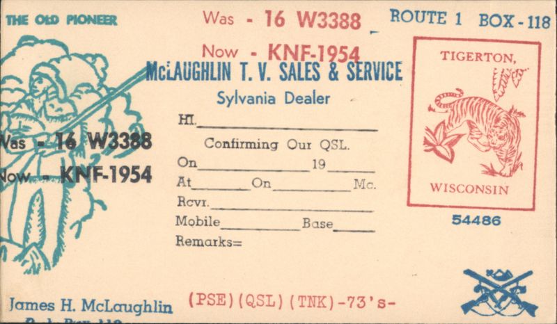 McLaughlin T.V. Sales & Service QSL Card, Tigerton Wisconsin
