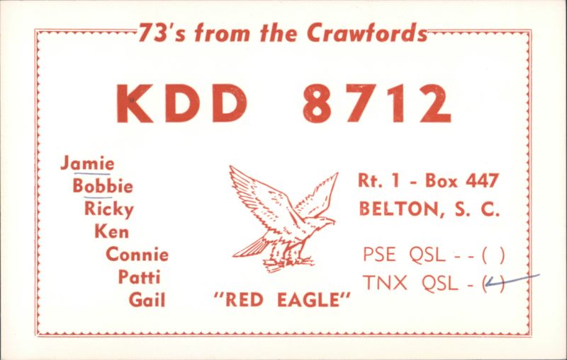 KDD 8712 Red Eagle QSL Card, Belton South Carolina