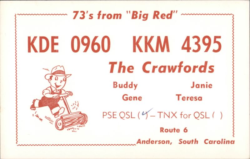 Big Red The Crawfords QSL Card, Anderson, SC South Carolina