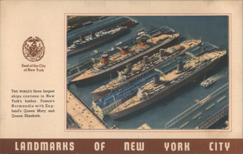 Normandie, Queen Mary & Queen Elizabeth in Harbor New York