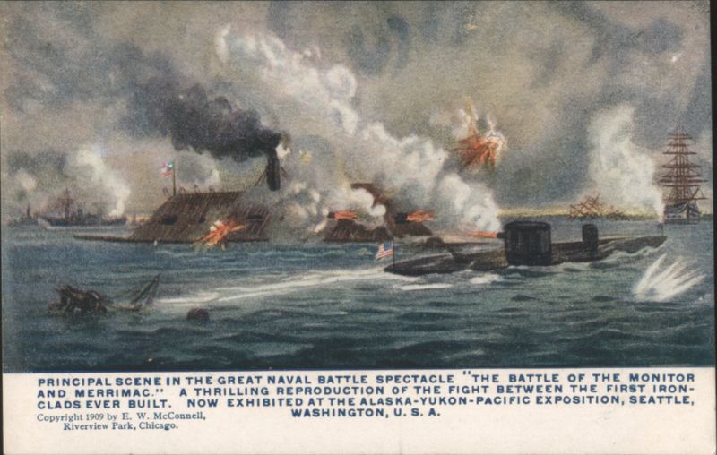 Monitor Merrimac Civil War Battle 1909 AYP Expo Postcard Seattle Washington
