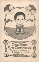 "Pansies for Thoughts" Boy Illustration with Flowers Postcard