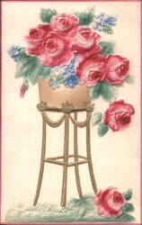 Embossed Pink Roses and Blue Forget-Me-Nots in Gold Stand Postcard