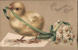 Easter Greeting Chick Pulling Daisy Bouquet with Ribbon Postcard