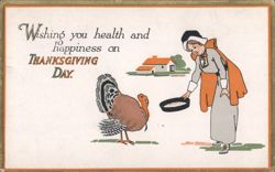 Pilgrim Woman Feeding Turkey Thanksgiving Greeting Postcard