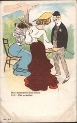 French Humorous Illustration of Two Sisters and a Man Postcard